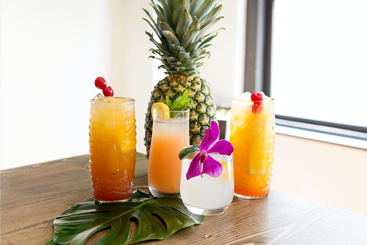 Cocktails set up for a lakeside bachelorette party